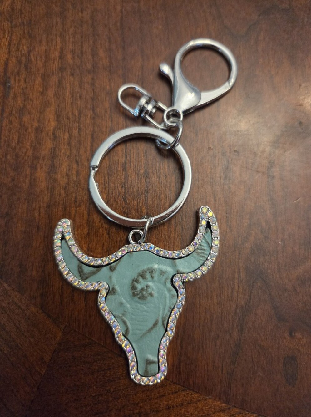 Green Bullhead Keychain Charm with Crystal Trim